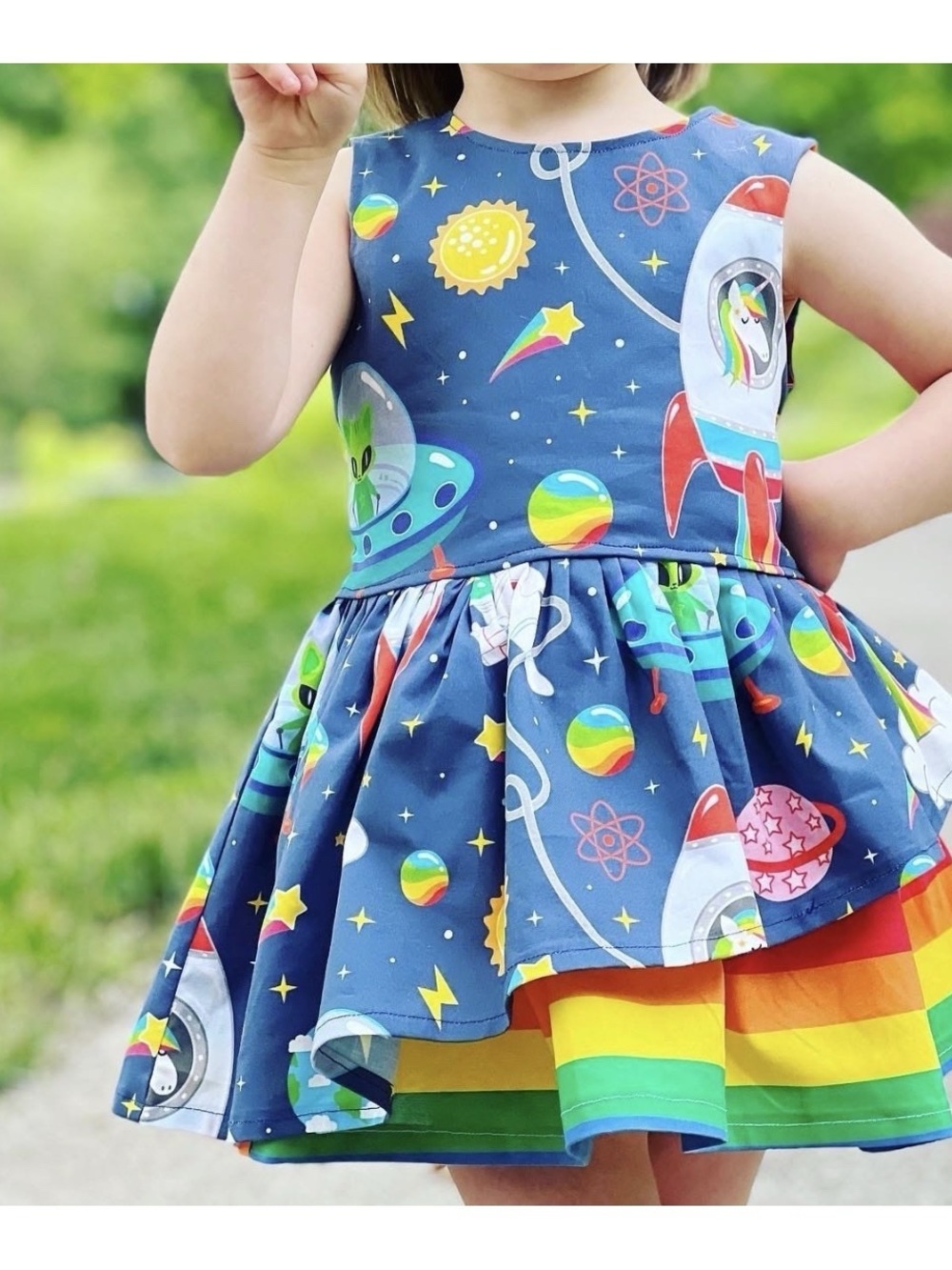 Dino Rawr Small Shop Rainbow Space Dinosaur Unicorn 12m Baby Dress - Picture 3 of 10